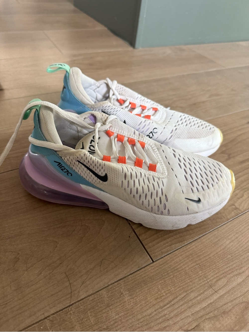Nike White Sneakers with Purple Air Unit and Neon Orange Accents